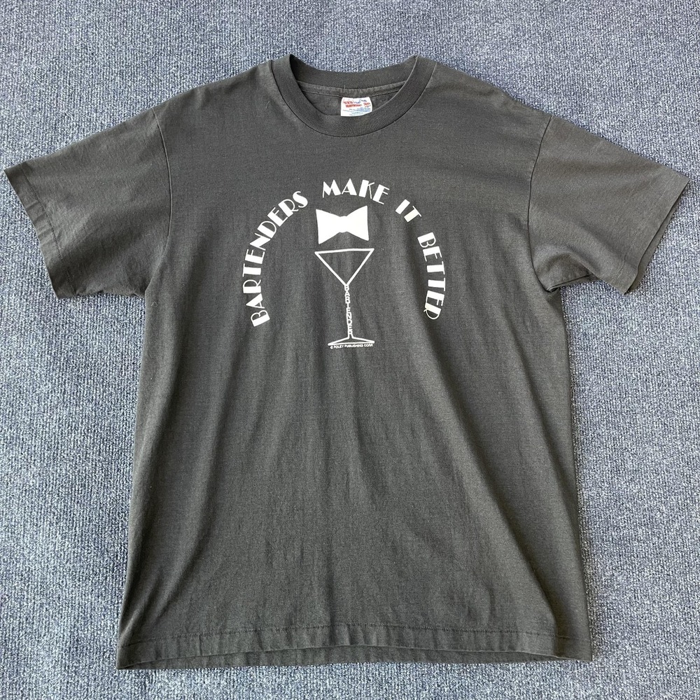 Vintage Bartenders Make It Better Shirt Mens Large Black Hanes 50/50 Graphic 90s